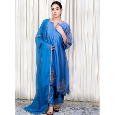 Blue A line Kurta Set with Hand Embroidery